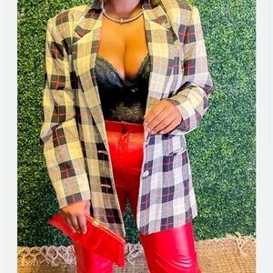 SAG HARBOR plaid vintage Linen Neutral Check Plaid‎ Retro Long Line Blazer 6P